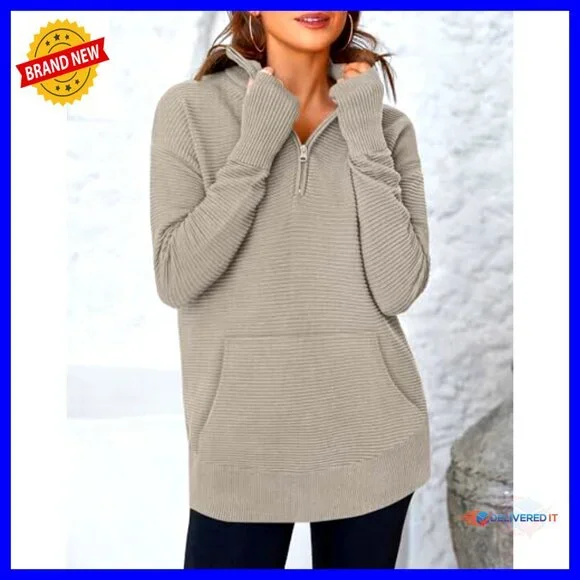 Quarter Zip Pullover Sweater Oversized Loose Fit Rib Knit Chic Casual Winter - Picture 4 of 7